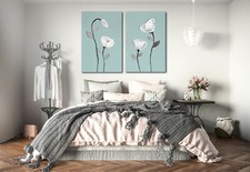 DUCK EGG BLUE  & WHITE GREY JAPANESE FLOWER PICTURE ZEN CANVAS WALL ART PRINT