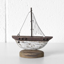 Small Rustic Wooden Brown & White Sailing Boat Nautical Ornament Sculpture Decor