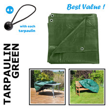 16 Sizes of Green Tarpaulin Heavy Duty Waterproof Cover Sheet and 4 Bungee Balls