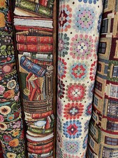 Tapestry Woven Upholstery Cushion Fabric by 1/2 M Crochet Library Books Flowers