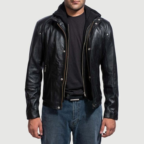 Men real leather hooded biker - hooded,