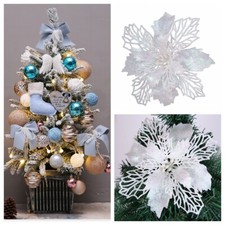 16cm Large Poinsettia Glitter White On Christmas Tree Decorations Set Of 6