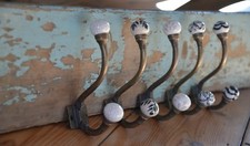 Shabby Chic Antique Iron Hooks with Ceramic Knobs | Metal & Porcelain Coat Hooks