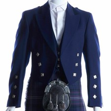 Men's Scottish Blue Wool Prince Charlie Jacket 3 Button Vest Kilt wedding Jacket