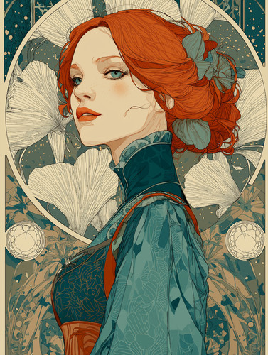 Red haired woman blue dress - in,