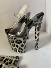 Fab Hella Heels Snow Leopard 8” Pole Dancing Stiletto’s with protectors, UK 3