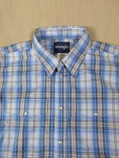 Wrangler Boys Shirt Size XXL 18-20 Short Sleeves Snap Poppers Blue Check Cotton