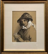 Antique Painting : A Young Girl Holding Playing Cards, pencil and watercolour