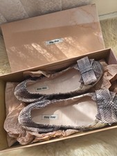 Authentic MIU MIU Faux Python Bow Flats Stretchy Leather Women Shoes 39