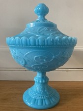 Vintage French Blue Opaline Milk Glass Pedestal Candy Dish with Lid 1930s