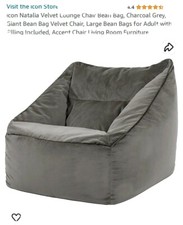 icon Natalia Velvet Lounge Chair Bean Bag, Charcoal Grey,Giant Bean Bag Velvet C