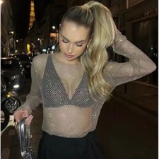 ZARA BLACK/GOLD/GREY SLIM FIT RHINESTONE APPLIQUE SPARKLY FISHNET MESH CROP TOP