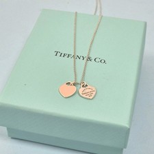 Tiffany & Co Return to Double Mini Pink Heart Pendant Silver Necklace Size 16" z