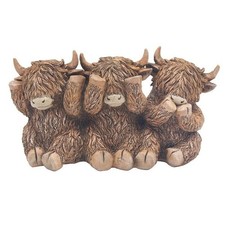 LEONARDO RUSTIC SEE HEAR SPEAK NO EVIL HUGHIE  HIGHLAND COW ORNAMENT