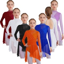 UK Girl Sparkly Rhinestones Figure Skating Dress Long Sleeve Lyrical Dance Dress