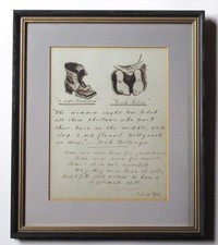 Original pen and ink drawings and humorous handwritten verses dated 1895, framed