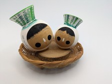 Vintage Japanese Kokeshi Doll Pair – Folk Art – 12cm Wide – Handmade Japan