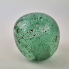 Antique 19th Century Victorian Green Glass Dump Paperweight With Flower Damaged