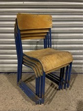 Set of Four Vintage Child’s School Stacking Chairs Blue Tube Frame Plywood Seats