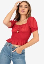 Womens Red Dobby Shirred Milkmaid Puff Sleeve Crop Top