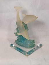 Vintage Frosted Lucite Dolphin Riding Waves Figurine On Mount 17cm Tall