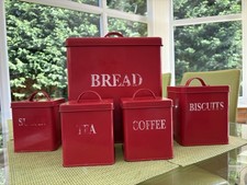 Square Red Bread Bin Sugar Tea Coffee Biscuits storage Set Good Condition