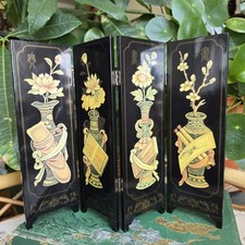 Vintage Chinese Folding Lacquered Table Screen Flowers In Vases 