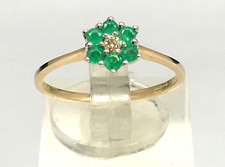 9ct gold emerald & diamond cluster ring UK size L 1/2 / US 6, new, flower.