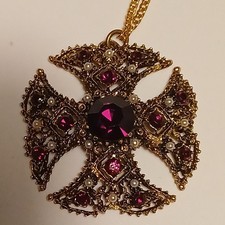 Vintage Czech Glass Maltese Cross  Pendant.  faux Ruby and pearl.