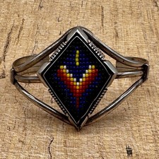 Sterling Silver Native American BEADED Cuff Bracelet SIGNED--34g