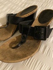 COACH Cork Bernadette Black Patent Buckle T Strap Wedge Heel Sandals size UK 6