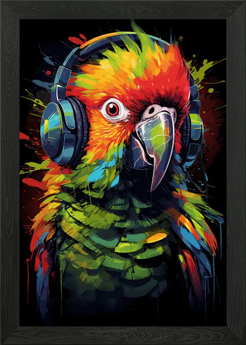 Parrot with headphones framed - parrot,