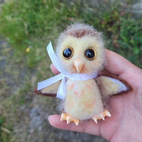 Hand felted wool owl figurine - wool,