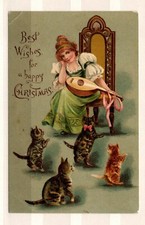 Stewart & Woolf. 4 kittens watching girl musician. Beautiful card, mint (AL1287)