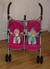 Silver Cross Twin Dolls Pram Pushchair Buggy + 2 Soft Bodied Baby Dolls