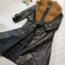 0708 Vintage Real Cow leather Raccoon Fur Long Coat Women size M jacket black