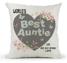 Personalised World's Best Auntie Cushion Shabby Chic Heart Birthday Keepsake