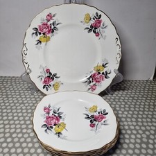 Royal Vale Bone China 7 Piece Cake Set. Pink And Yellow Roses
