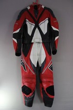 RICHA 2 PIECE BLACK, RED, WHITE & SILVER LEATHER BIKER SUIT + CE ARMOUR: SIZE 12