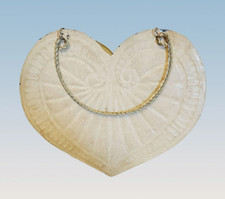 Metal Heart Wall Pocket Hanging Basket Distressed Ivory Double Handles 7.5  x 6"
