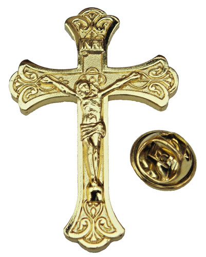 Crucifix pin badge gold colour - badge,