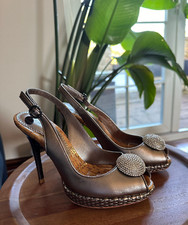 Bourne Silver Leather Slingback Stiletto Heel Platform Shoes Crystal Charm Sz4