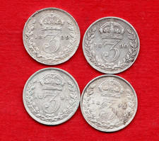4 SILVER THREEPENCE COINS OF