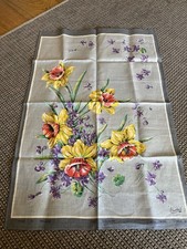 Linen vintage tea towel grey with daffodil design