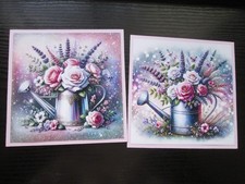 Set of 2  x VINTAGE WATERING CAN WITH LAVENDER & ROSES Hand Made Card Toppers 