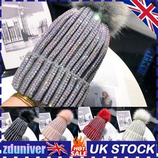 Lady Knitted Beanie Hat Diamond Faux Fur Pom Pom Bobble Hat Winter Warm Fashion·