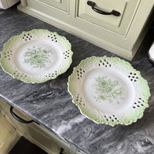 Pair of vintage green floral lattice wall plates 