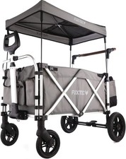 Grey 2-Seater Folding Stroller Wagon Kids Push Pull All-Terrain Cart w/ Canopy