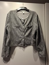 New H&M Woman Ladies Black/ White Boucle Smart Jacket Silver Button Woven EUR XL