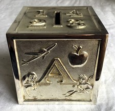 Leonard Silver plated Metal Cube ABCD 1234 Child's Money Box Piggy Bank.